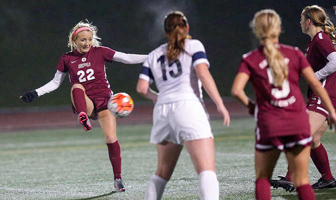 Seattle Pacific's Isabel Farrell is shown here delivering the golden goal in the 109th minute to send the Falcons to the GNAC Championships finals vs. Western Washington.